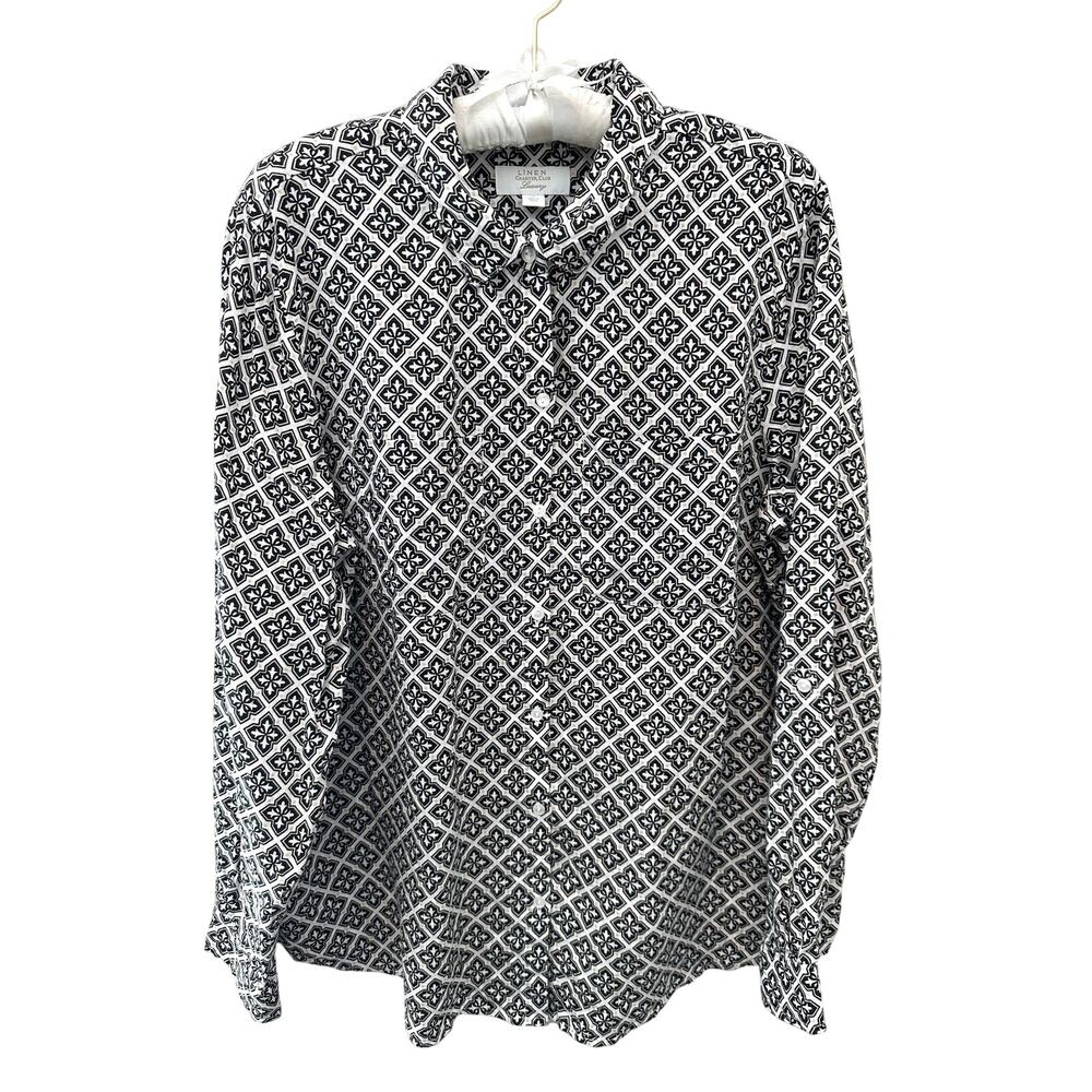 CHARTER CLUB LUXURY 100% Linen Shirt Black White Geometric Print Top | XL